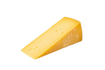 A triangular wedge of delicious golden yellow cheese featuring small holes, presented on a solid transparent background. Ready to eat. background removed