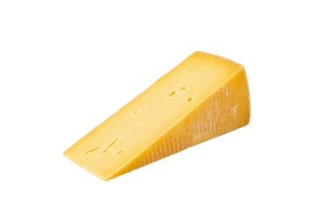 A triangular wedge of delicious golden yellow cheese featuring small holes, presented on a solid transparent background. Ready to eat. background removed