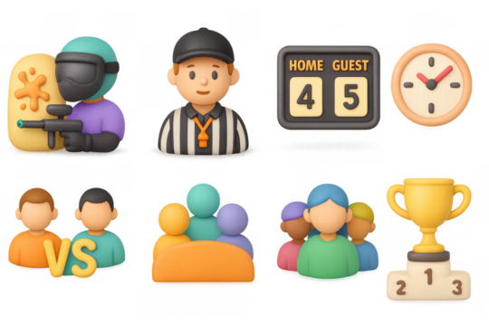 Colorful paintball tournament icons set featuring players, referee, scoreboard, and trophy for game design and promotion