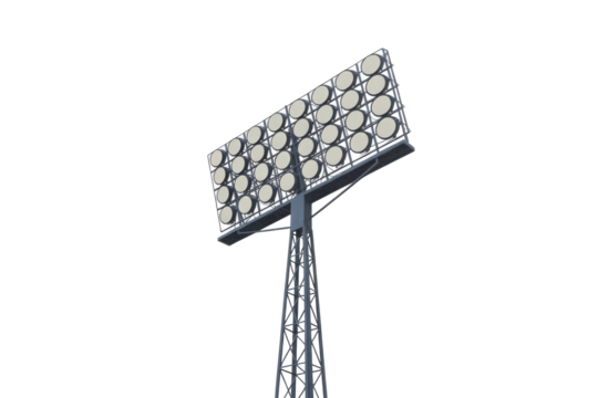 A large stadium floodlight array on a tall metal tower, featuring numerous circular lights for illuminating sports venues. background removed