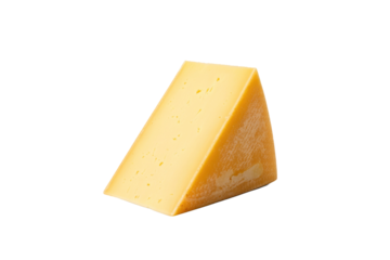 A vibrant golden yellow cheese wedge, featuring a natural rind and subtle interior texture, perfectly isolated for culinary applications. background removed