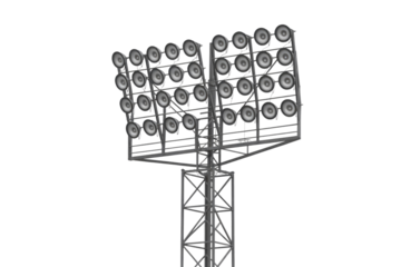 A tall industrial floodlight tower with numerous powerful lamps, designed for illuminating sports stadiums and outdoor events, on a transparent background. background removed