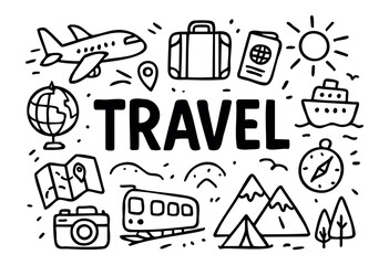 Fototapeta premium Travel doodle illustration — airplane, passport, map, and other vacation elements — stock vector.
