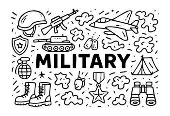 Fototapeta premium Military doodle illustration — tank, jet, helmet, rifle, and other army elements — stock vector.