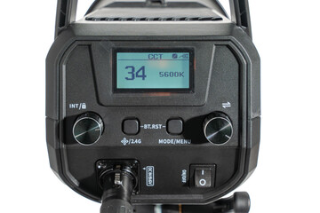 Close-up of the rear control panel showing 5600K on the LCD. Knobs, buttons, and power switch detail on a studio LED light.