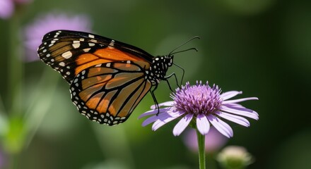 Obraz premium Close up macro shot of a beautiful orange and black monarch butterfly resting gently on a bright purple summer flower in a sunny garden environment ,pollination ,animal ,plant
