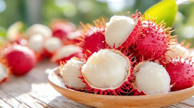 Rambutan Fruits Fresh: Close-up of vibrant red rambutans, their exotic textures and invitingly fresh, juicy flesh on display in a wooden bowl. A still life of nature's delicious offering.