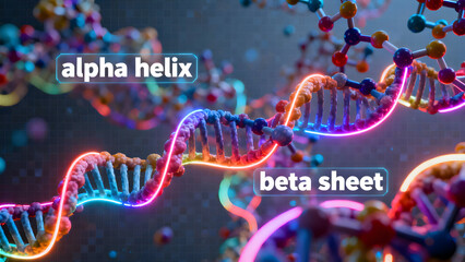 Colorful DNA strands with labeled alpha helix and beta sheet structures