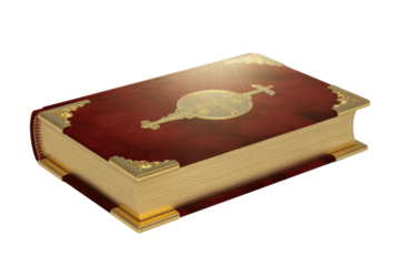 An ornate, ancient book with a rich red cover, gilded pages, and an intricate gold key-cross emblem, glowing with mystical light. background removed