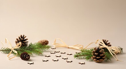 Natural Christmas decoration with rustic pine cones, green fir branches, and small wooden stars arranged on a light beige background, offering ample copy space for holiday designs.
