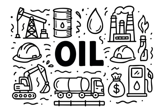 Oil industry doodle illustration &mdash; oil rig, pumpjack, refinery, and other petroleum elements &mdash; stock vector.