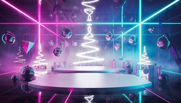 Celebrate the holidays with festive Christmas trees adorned with shiny ornaments and radiant neon lights perfect for modern and vibrant seasonal campaigns