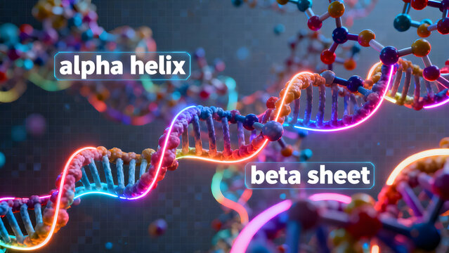 Colorful DNA strands with labeled alpha helix and beta sheet structures