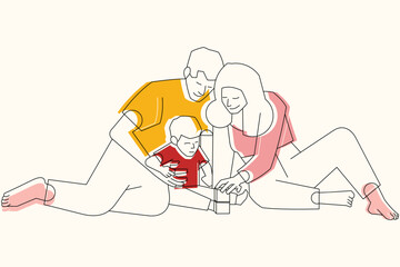 Vector illustration of a family playing together on the floor in minimalist line art, showing bonding and joy.