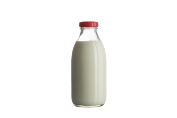 A classic glass milk bottle with a vibrant red cap, filled with fresh white milk, stands prominently on a solid transparent background. background removed