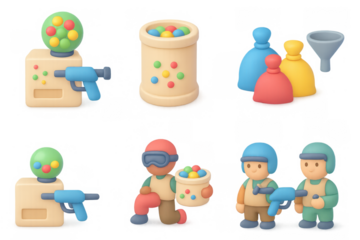 Colorful paintball game elements icon set for creative design projects