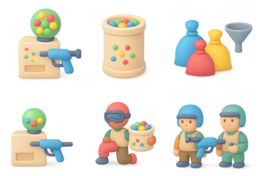 Colorful paintball game elements icon set for creative design projects