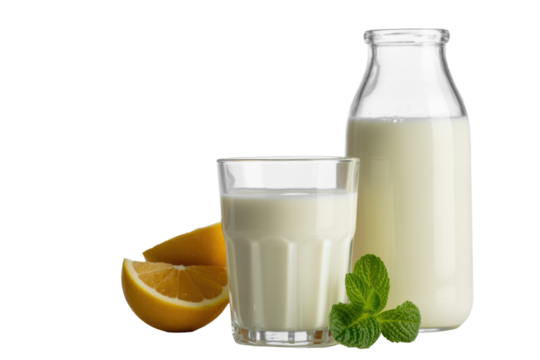 A glass of fresh milk, a bottle of milk, orange slices, and a mint sprig compose a healthy, refreshing beverage arrangement. background removed