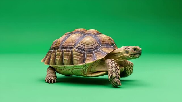 African Spurred Tortoise Sulcata Walking Slowly Across Vibrant Green Background Studio Shot Reptile