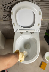 Close-up of a person cleaning a toilet bowl  while wearing protective rubber gloves, illustrating hygiene, sanitation, and household cleaning
