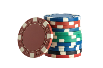 A vibrant stack of colorful casino poker chips (blue, red, green, black) and one prominent maroon chip leaning on the side. background removed