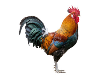 Fototapeta premium A vibrant rooster stands proudly, showcasing its majestic red comb, golden neck feathers, and striking blue-green tail on a clear background. background removed