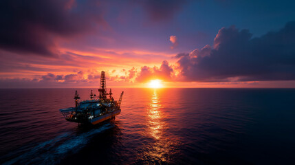 Obraz premium Majestic offshore petroleum platform silhouetted against vibrant orange and purple sunset horizon ocean energy infrastructure during golden hour industrial drilling facility in