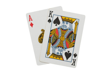 An Ace of Diamonds peeks from behind a King of Spades playing card, creating a striking poker or casino game setup. background removed