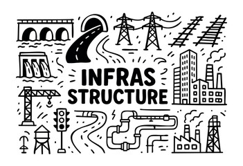 Fototapeta premium Infrastructure doodle illustration — bridge, road, factory, and other city development elements — stock vector.