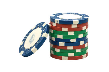 A vibrant stack of red, green, and blue poker chips, with one blue chip leaning, set against a solid background. background removed