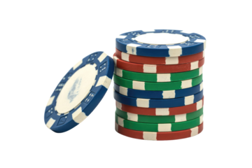 A vibrant stack of red, green, and blue poker chips, with one blue chip leaning, set against a solid background. background removed