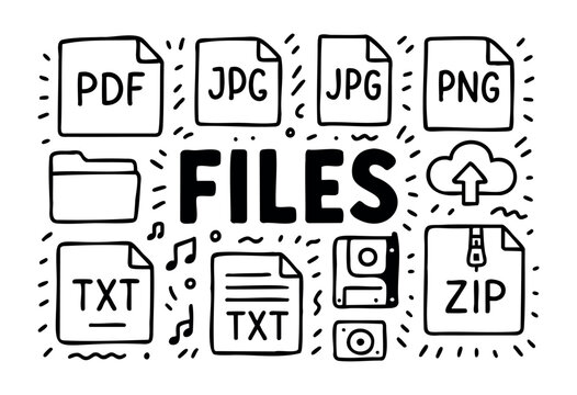 Files doodle illustration &mdash; different file types and data storage elements &mdash; stock vector.
