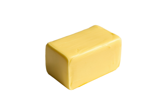A smooth, rectangular block of yellow butter or margarine, captured from a slightly elevated angle against a solid transparent background. background removed