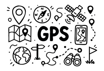 Fototapeta premium GPS navigation doodle icons — map, location pin, compass, and satellite — stock vector.