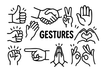 Hand gestures doodle icons &mdash; thumbs up, handshake, peace, and ok sign &mdash; stock vector.
