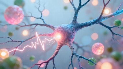 Neural cell with glowing synapse and electrical impulse illustration