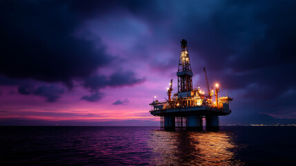 Fototapeta premium Brightly illuminated offshore platform structure against deep purple twilight atmosphere dusk energy operations with artificial lighting industrial facility illumination at