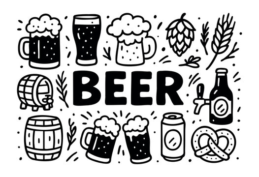 Beer doodle icons &mdash; mug, bottle, can, hop, and barrel &mdash; stock vector.