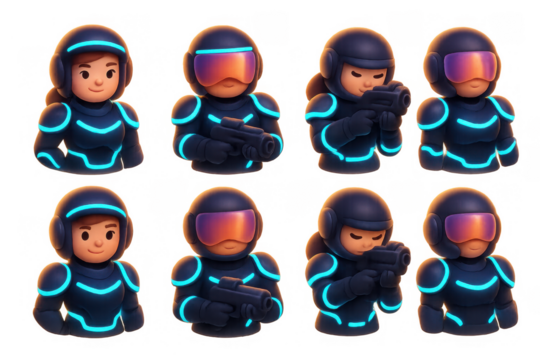 Futuristic neon armored gamer characters for digital art and design