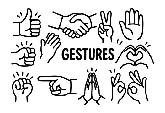 Hand gestures doodle icons &mdash; thumbs up, handshake, peace, and ok sign &mdash; stock vector.