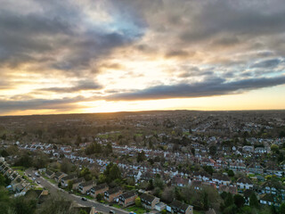 Aerial Drone Camera View of British Residential Buildings and Roads with Traffic of East Luton City Streets Aerial View of England During Evening of Winter. 25th November, 2025