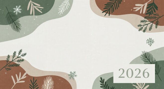 Abstract winter background with pine branches, snowflakes, and wavy organic shapes in earthy tones, featuring the year 2026 for new year and holiday designs