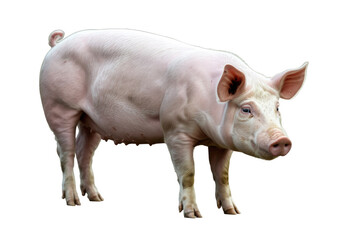 Fototapeta premium A full-body shot of a light pink domestic pig standing, showcasing its robust form, curly tail, and prominent ears against a transparent background. background removed