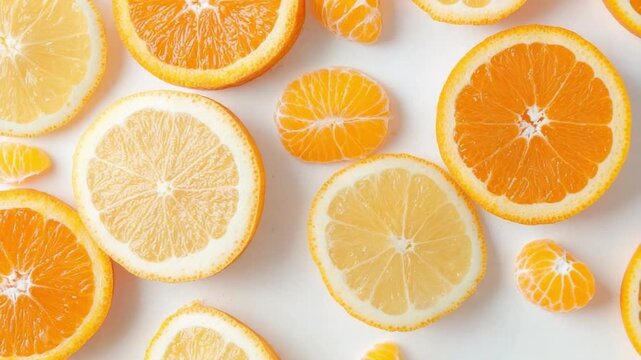 Citrus Symphony: An overhead view of a colorful composition of sliced citrus fruits including oranges and lemon, inviting freshness and vitality.