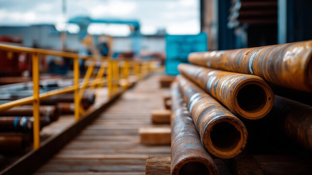 Weathered rusty drill pipes stacked on platform deck downhole boring equipment inventory industrial pipes laid systematically in energy sector warehouse courtyard drilling mater