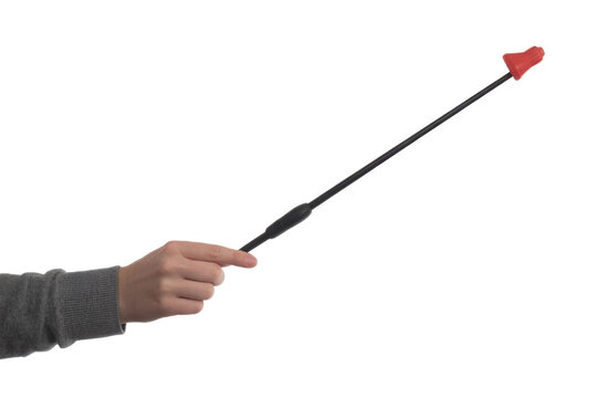 A human hand, wearing a grey sleeve, holds a long black presentation pointer stick with a distinctive red cap, angled upwards against a transparent background. background removed