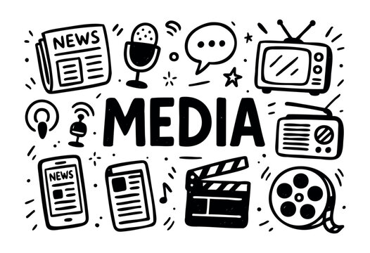 Media doodle icons — newspaper, radio, podcast, and TV — stock vector.