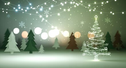 Eco-friendly Christmas tree made of glowing lights with recycling symbols in a festive winter forest scene with falling snow and bokeh