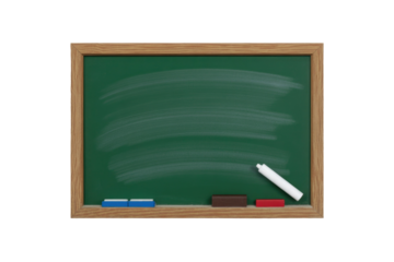 A green chalkboard with a wooden frame, featuring faint chalk marks, a white chalk stick, colored chalk, and erasers. background removed