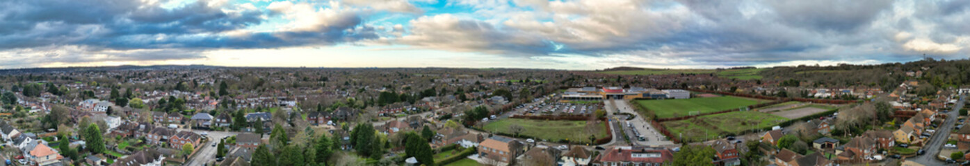 Aerial Drone Camera View of British Residential Buildings and Roads with Traffic of East Luton City...